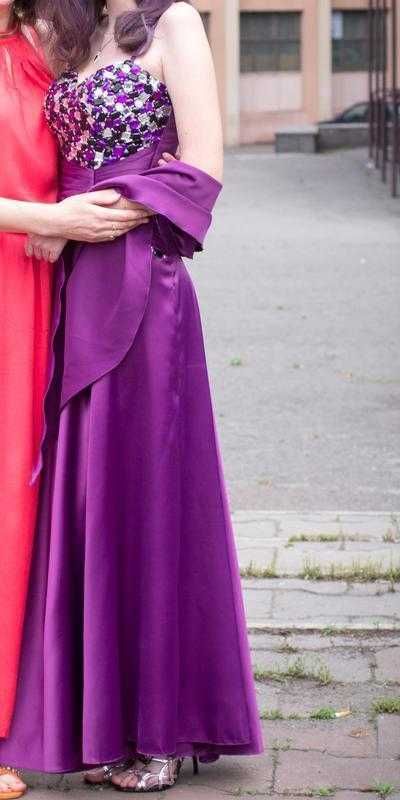 Фіолетова випускна вечірня атласна сукня з корсетом на шнурівці