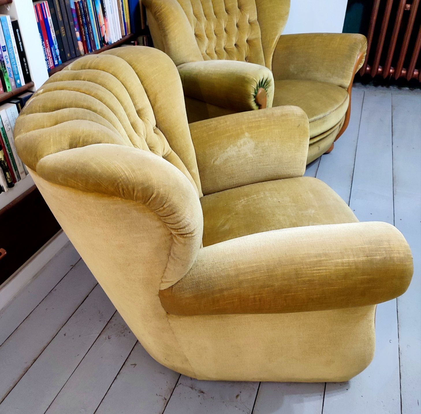 Fotel pikowany fotele uszak miodowy musztardowy sprężyny retro duży