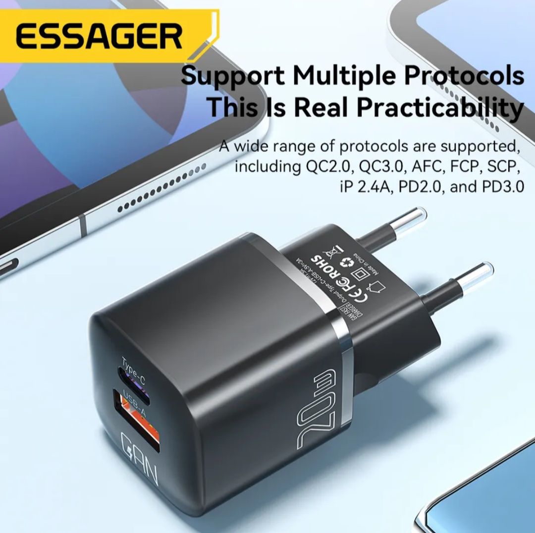 Зарядний пристрій Essager 20W GaN Charger USB A + Type C EU
