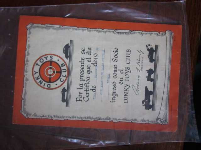 Clube Dinky Toys diploma sócio antigo raro