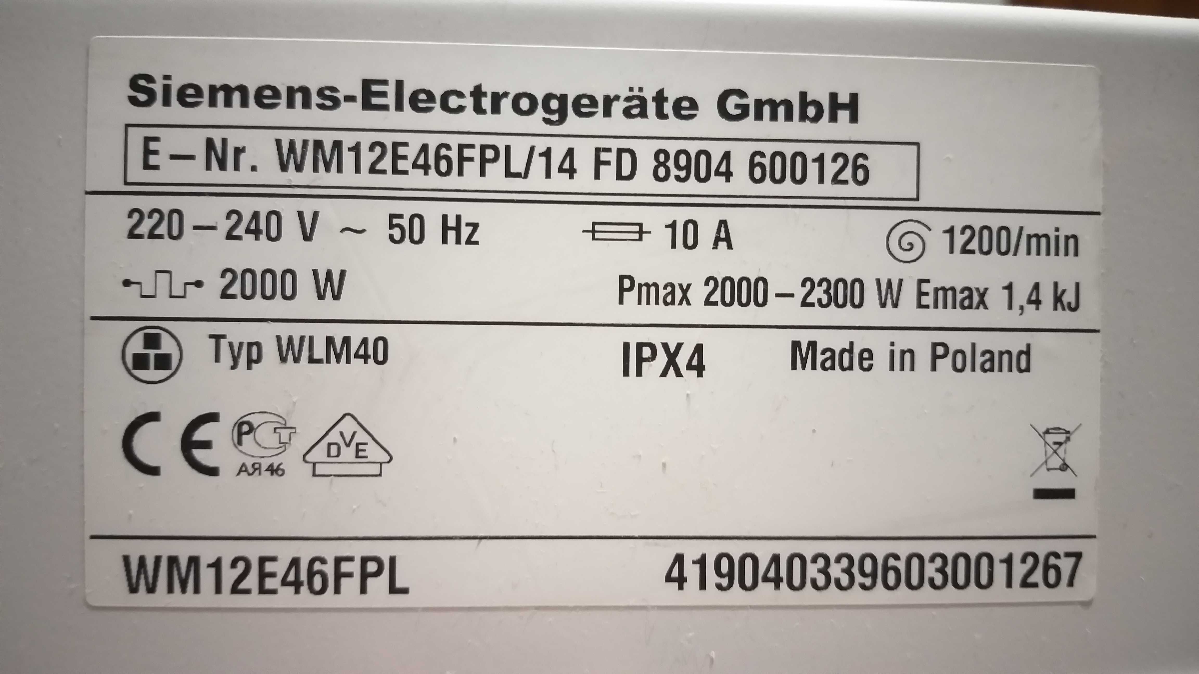 Pralka Siemens WM12E46FPL części