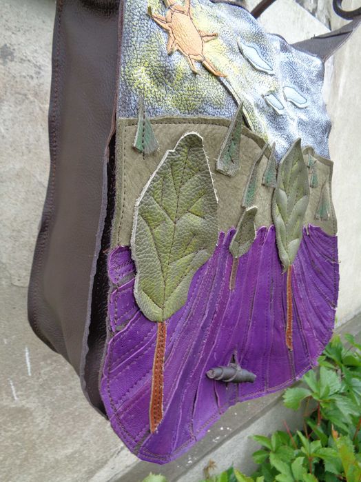 Artystyczna torebka skórzana z lawendowym polem.  Handmade