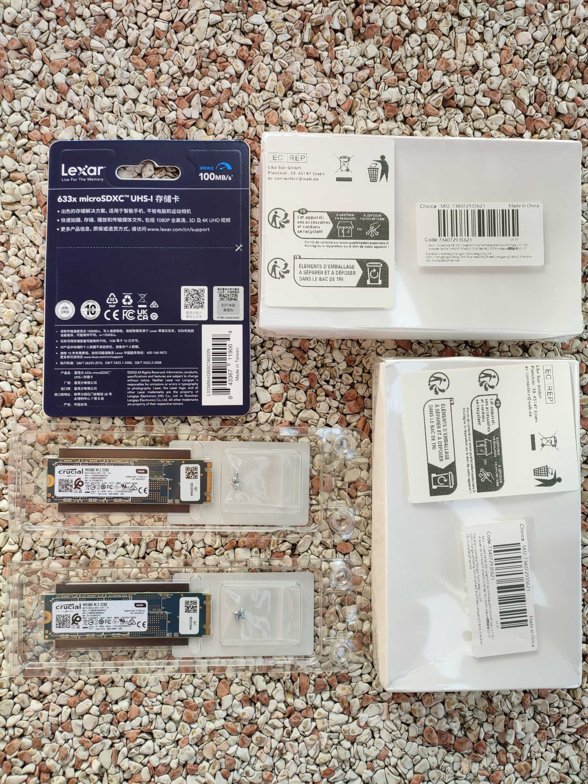 Karta pamięci Lexar 64GB + 2x SSD Crucial MX500 500GB + 2x obudowy m.2