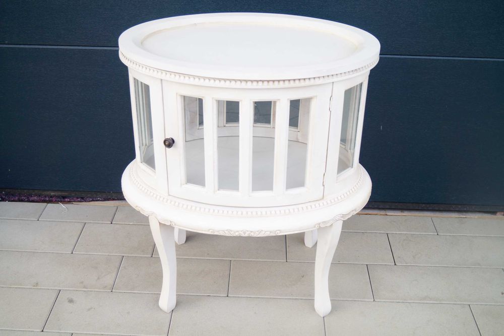 Drewniany Francuski Barek na Alkohol z Taca Konsolka  biały prowansja