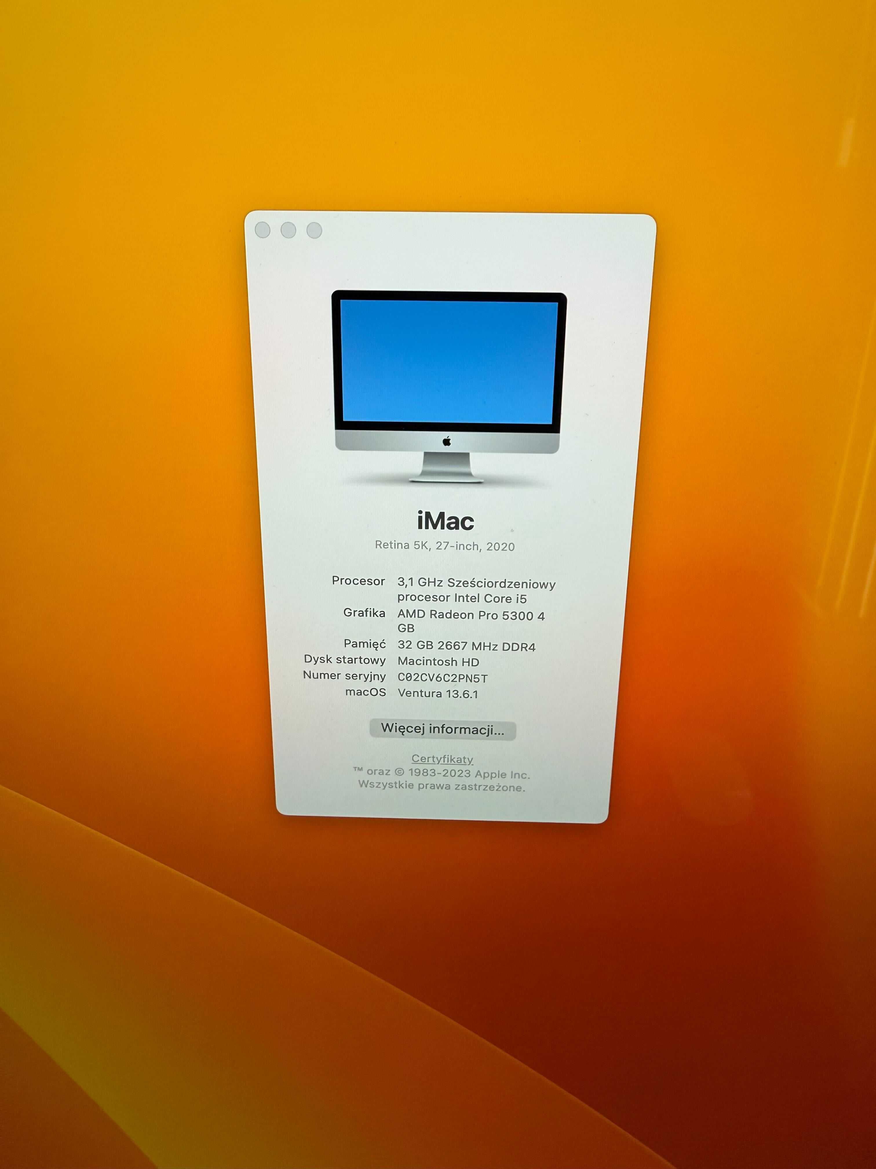 iMac Retina 5K, 27 cali 2020, i5 6 x 3,1 GHz, 32GB RAM, 250GB