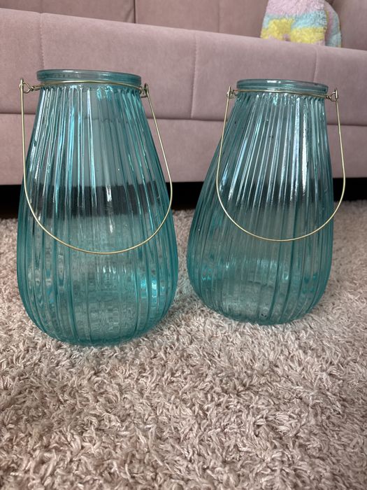 Dwa lampiony turkusowe  na świece