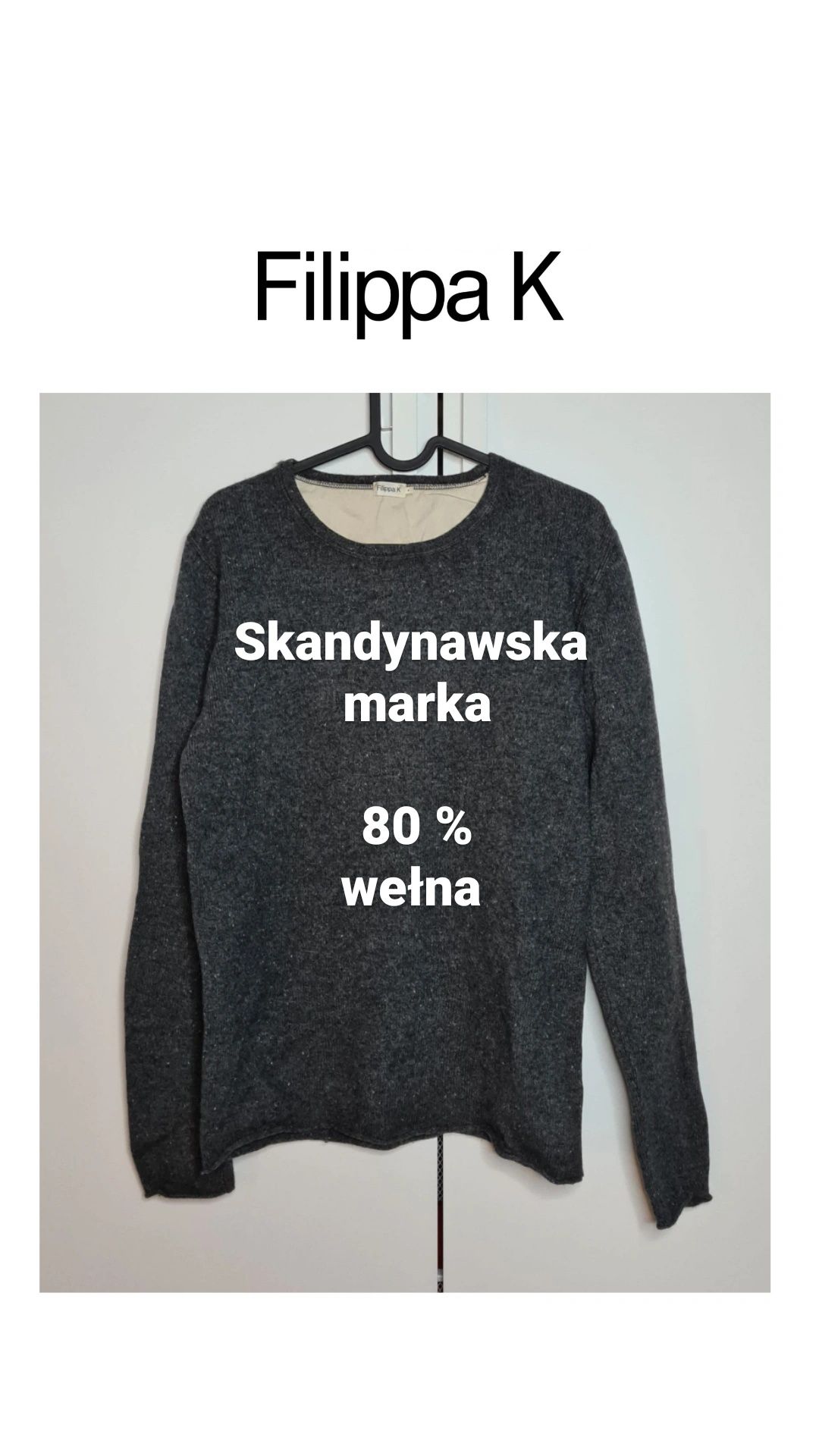 Filippa K męski sweter bluza M szary wełna skandynawski