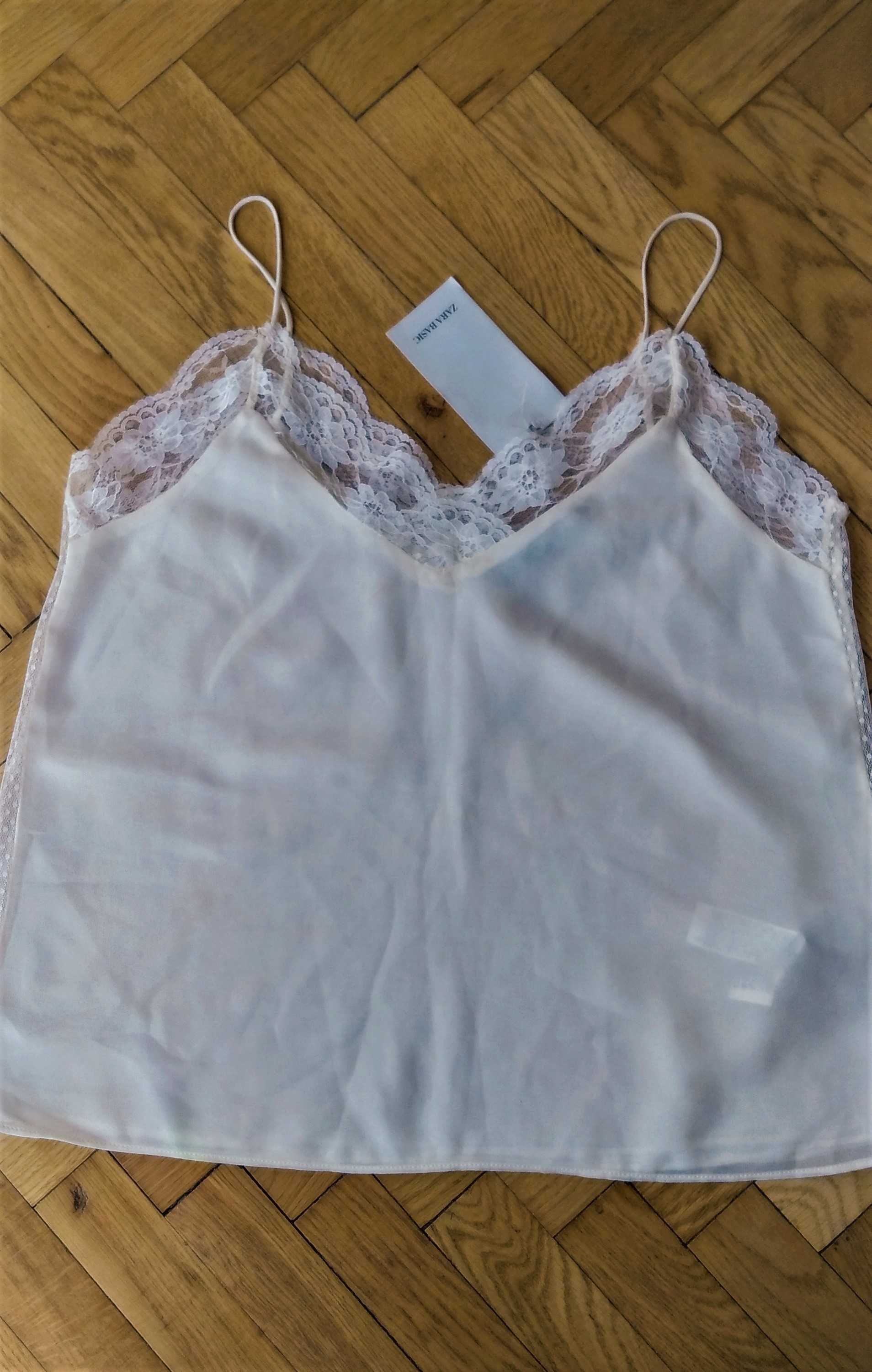 ZARA BASIC - NOWY top na ramiączkach, koronka - M