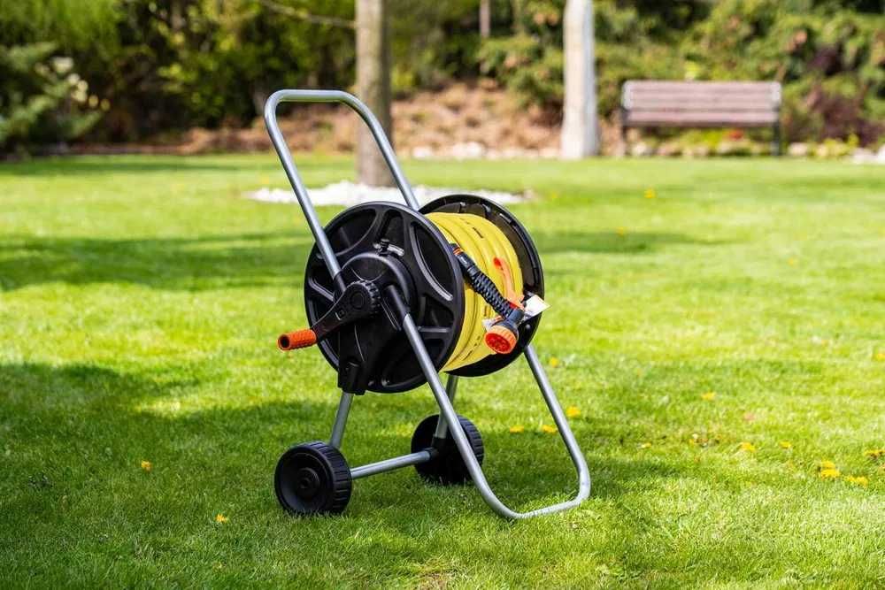 CAŁY ZESTAW Wąż ogrodowy 50m na bębnie wózku zwijany pistolet PREMIUM