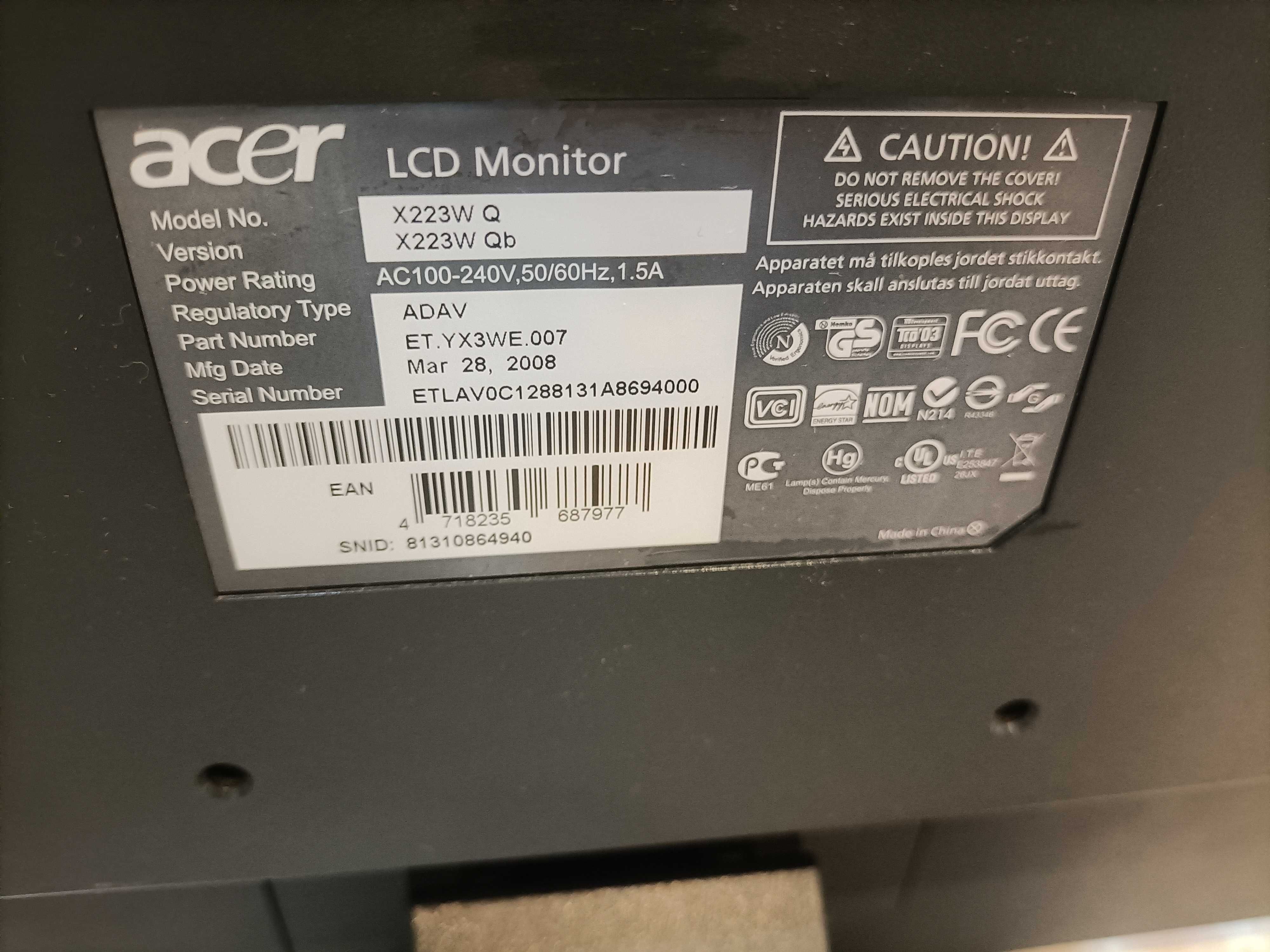 Acer X223W Q LCD 22" Monitor
