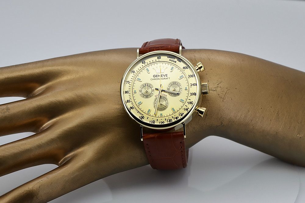 Złoty elegancki zegarek na brązowym pasku męski 14k 585 Geneve Gdańsk
