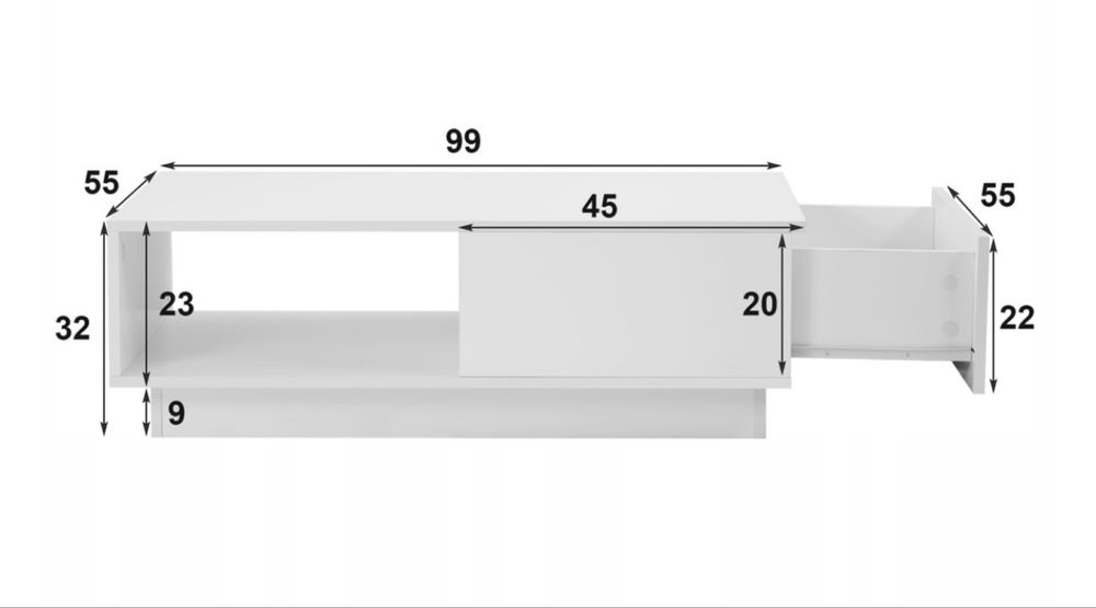 Stolik kawowy prostokątny 95x55x32 biały oświetlenie LED szuflada