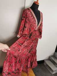 Piękna czerwona sukienka we wzory sztuczny jedwab haftowana M L XL