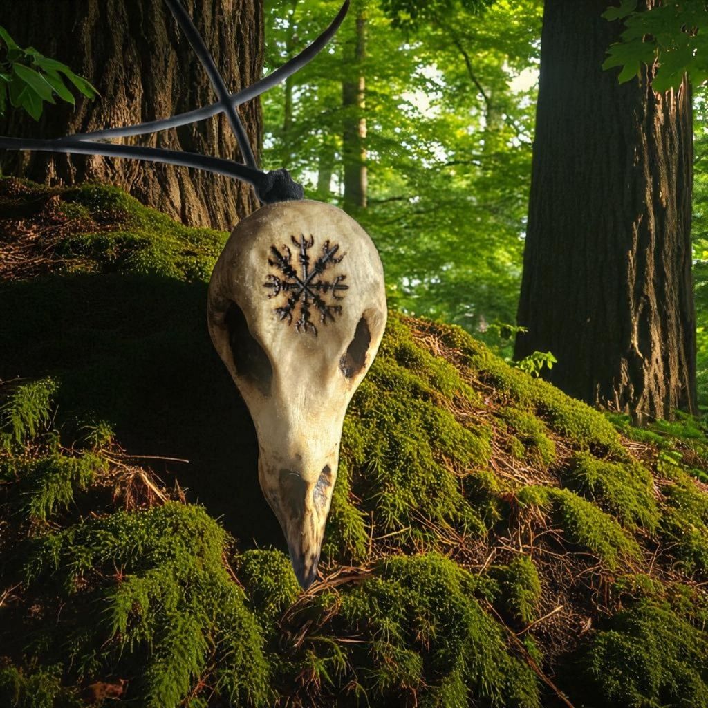 Czaszka kruka z drewna wisiorek naszyjnik Odyn tarcza algizowa amulet