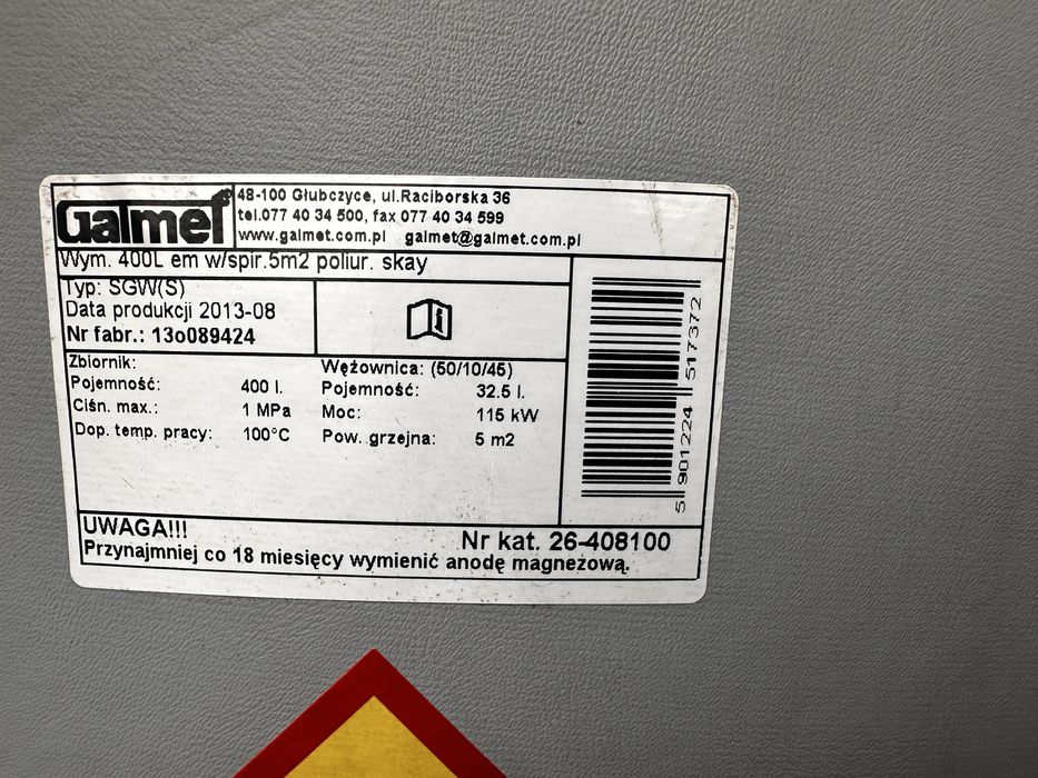 Zbiornik Galmet pod pompę 400 litrów, wężownica duża 5m2, demontaż