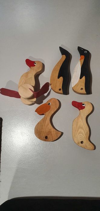 Drewniane zabawki, kaczki, pingwiny. Nowe