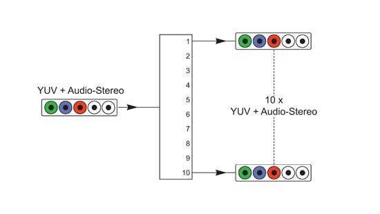 Розподільник спліттер 1 на 10 відео - аудіо стерео
