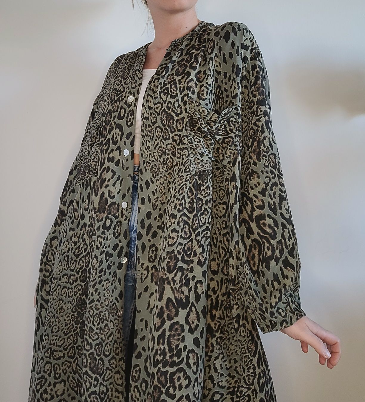 Długa włoska koszula oversize sukienka koszulowa animal print