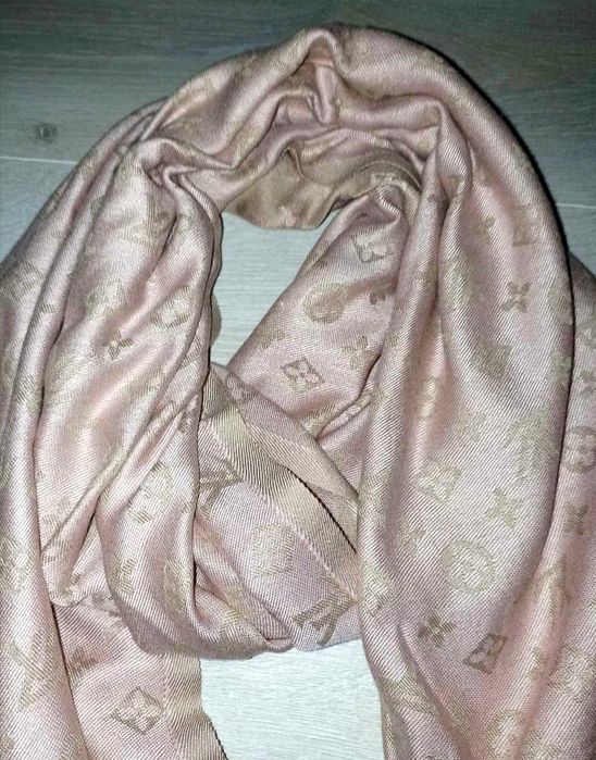 LV dwustronny szal szalik beżowo różowy 50% jedwab 50% kaszmir