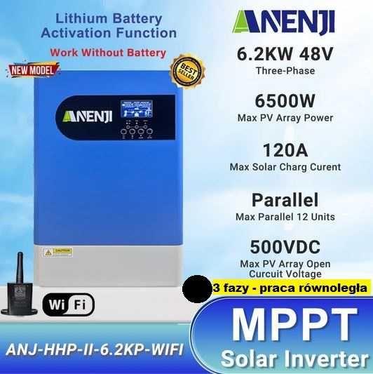 Inwerter solarny 6,2kW hybrydowy, offgrid akumulator Lifepo4 48V WiFi