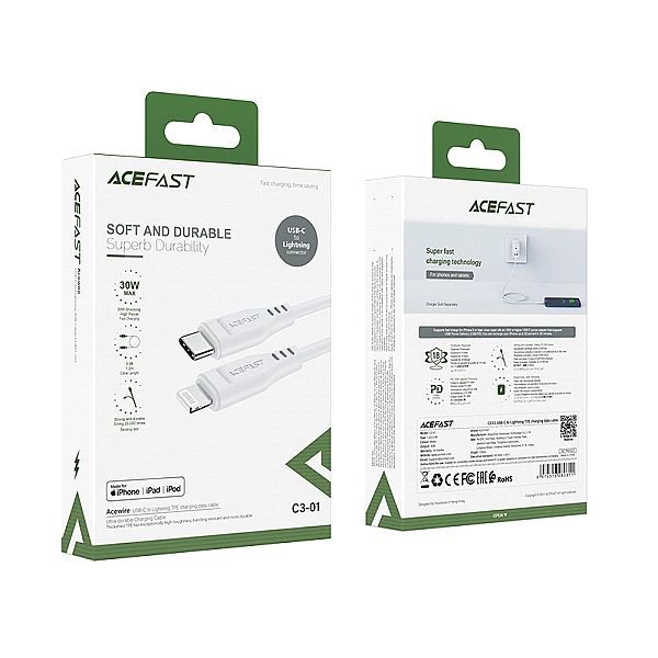 Kabel Acefast C3-01 Lightning - USB-C PD 30W 3A 480Mb/s 1,2m - biały