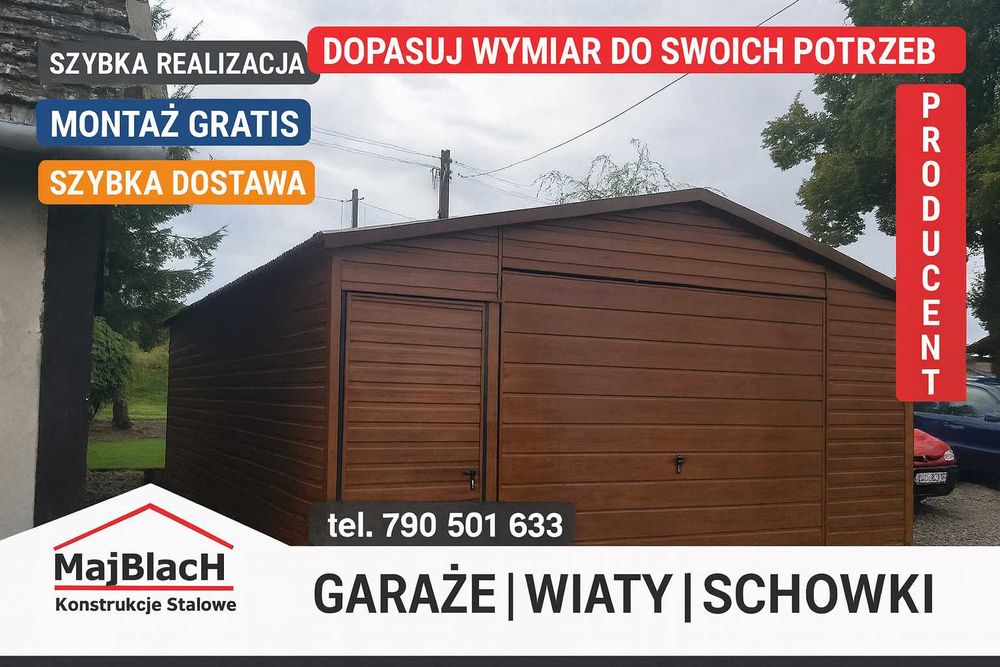 Garaż Blaszany Dwuspadowy / ORZECH /SZYBKI MONTAŻ GRATIS / – Maj-Blach