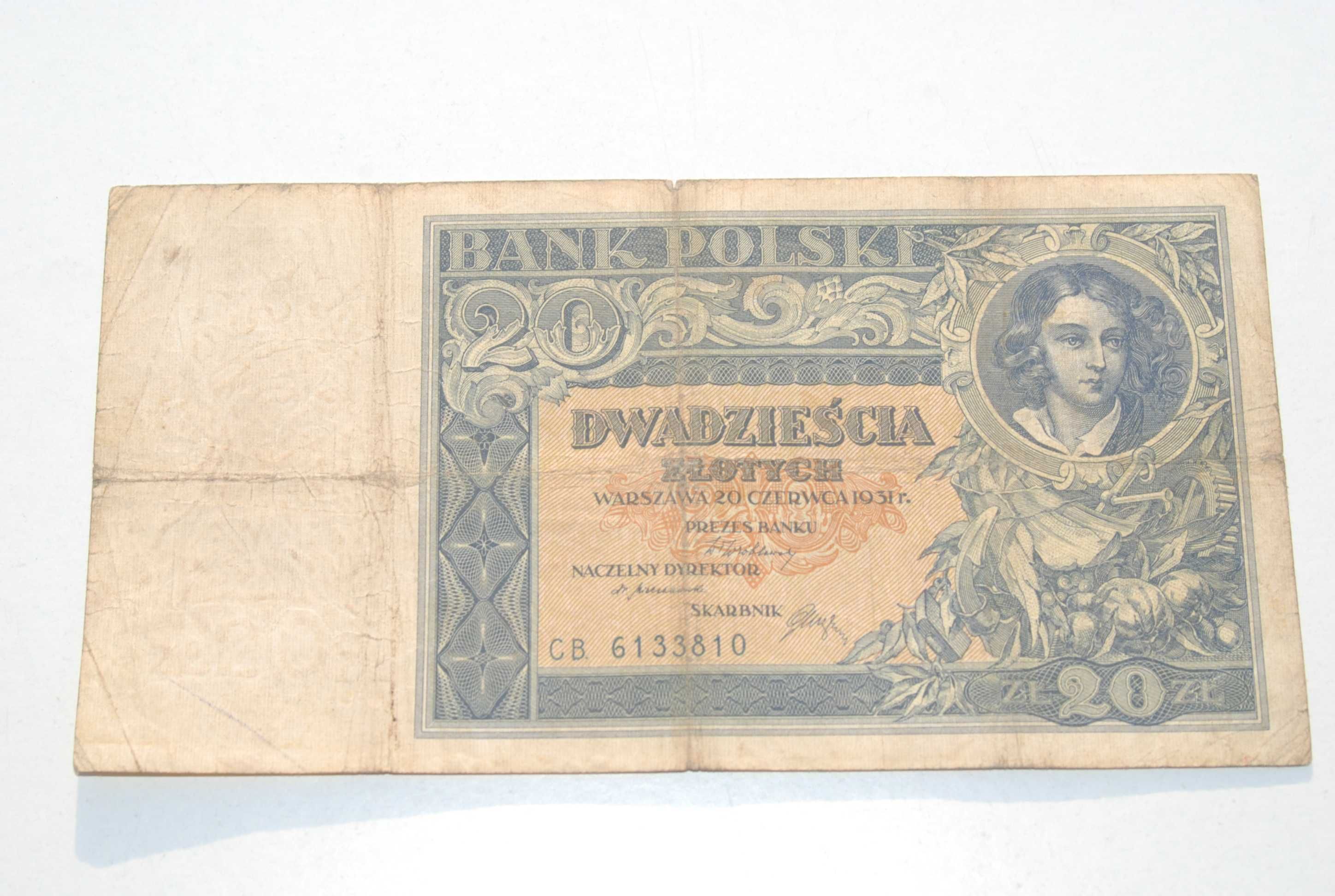 Stary banknot 20 złotych 1931 antyk kolekcjonerski