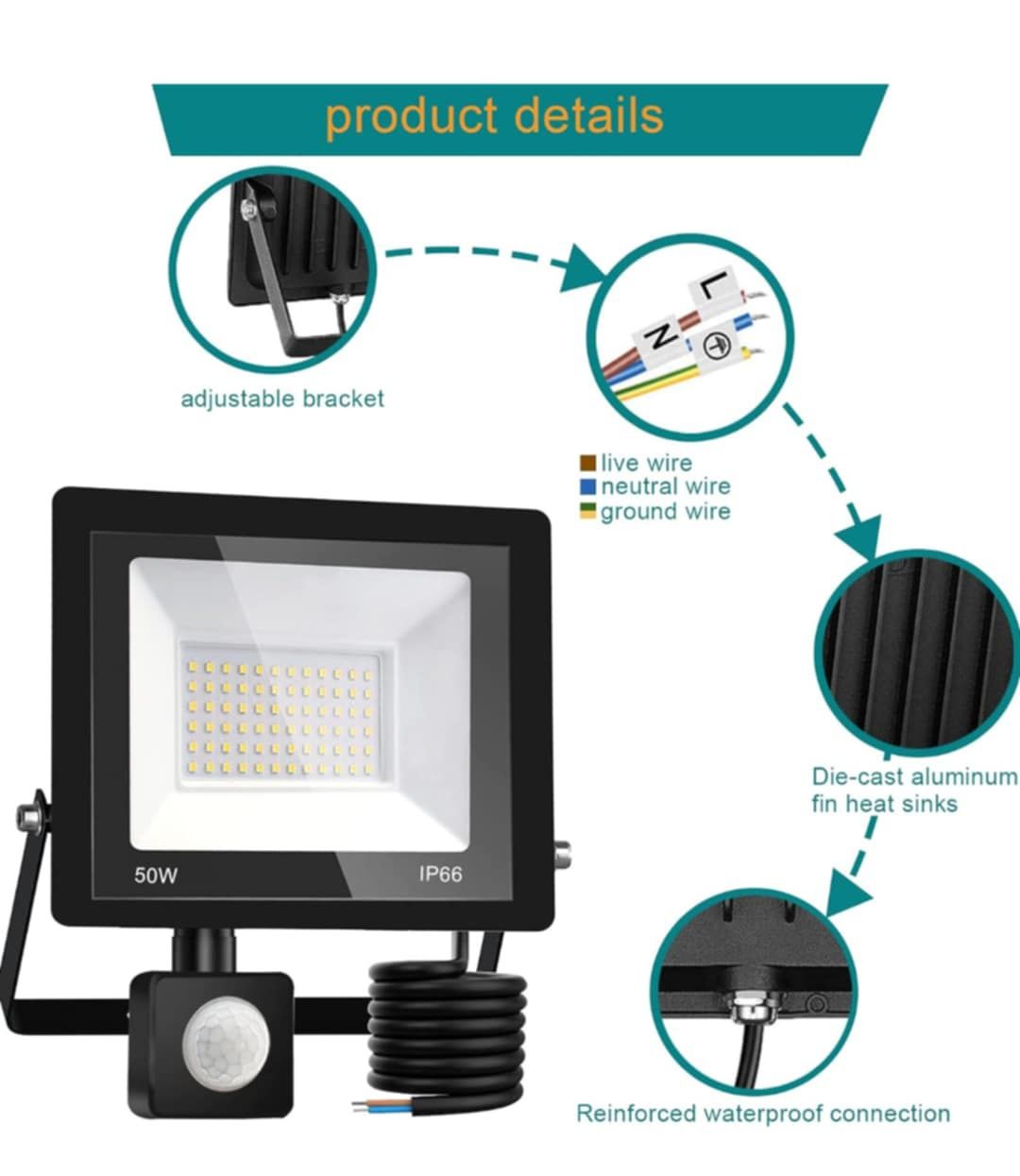 Treoir LED Zewnętrzny reflektor z czujnikiem ruchu 50 W,