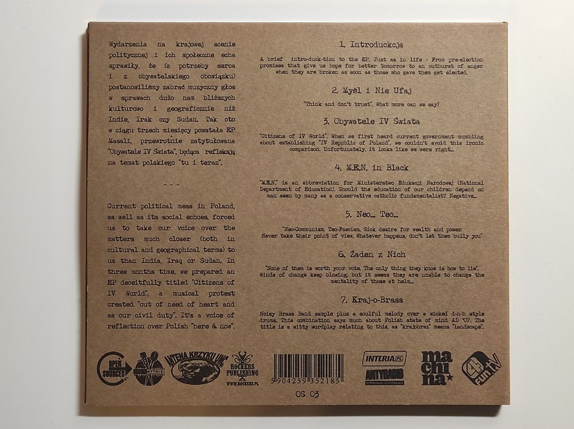 Masala Obywatele IV Świata CD 1-sze wydanie 2007 stan idealny wysyłka