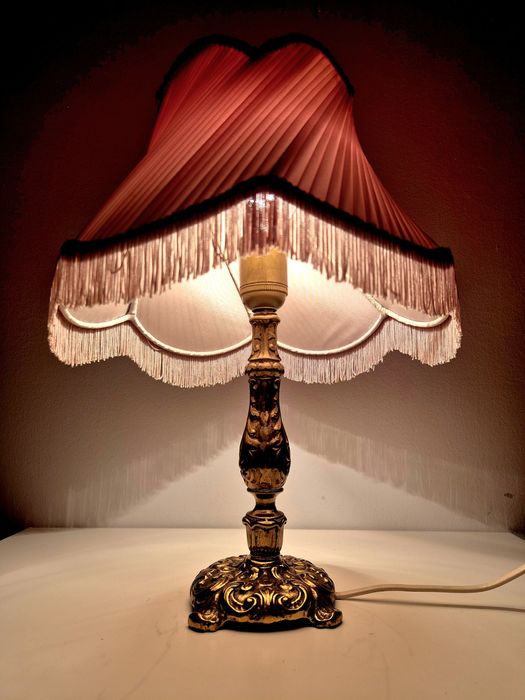 Lampa stołowa podstawa mosiężna Abażur różowy