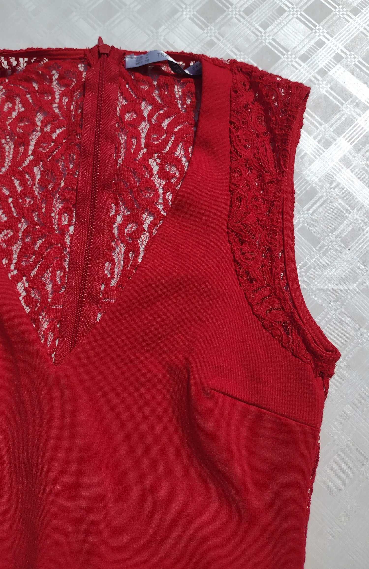 Красное вечернее короткое облегающее платье с кружевом Zara S M разм
