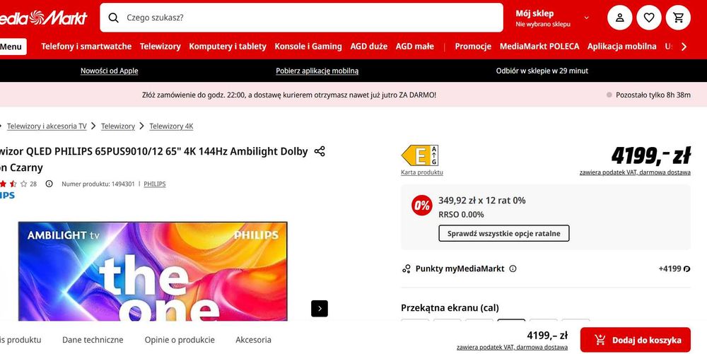 NOWY przecena QLED 144Hz TELEWIZOR PHILIPS 65PUS9010/12 gwar 2 lata