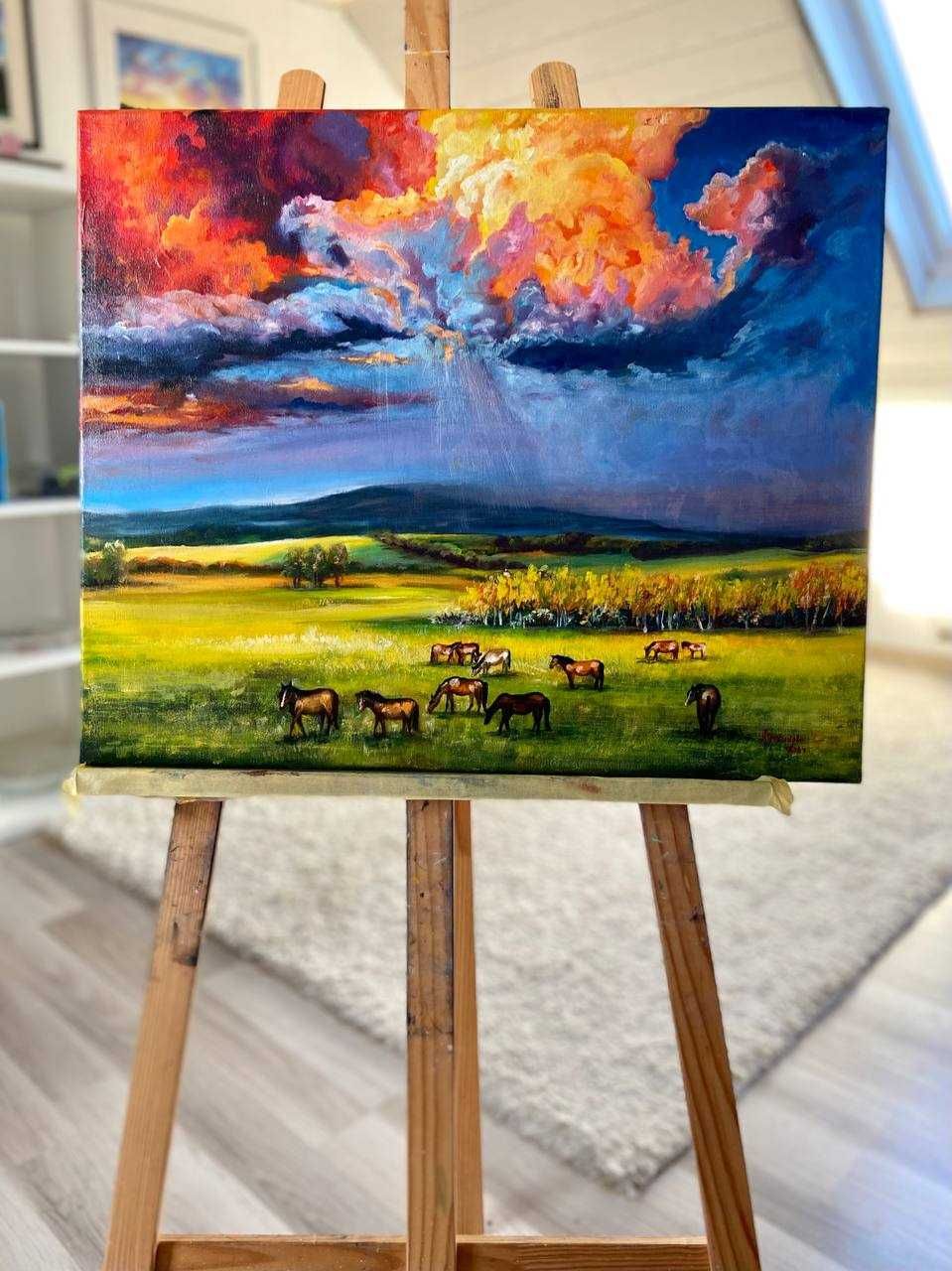 Картина маслом,пейзаж,кони,природа