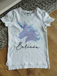 128cm biała bluzka unicorn, t-shirt cekiny jednorożec