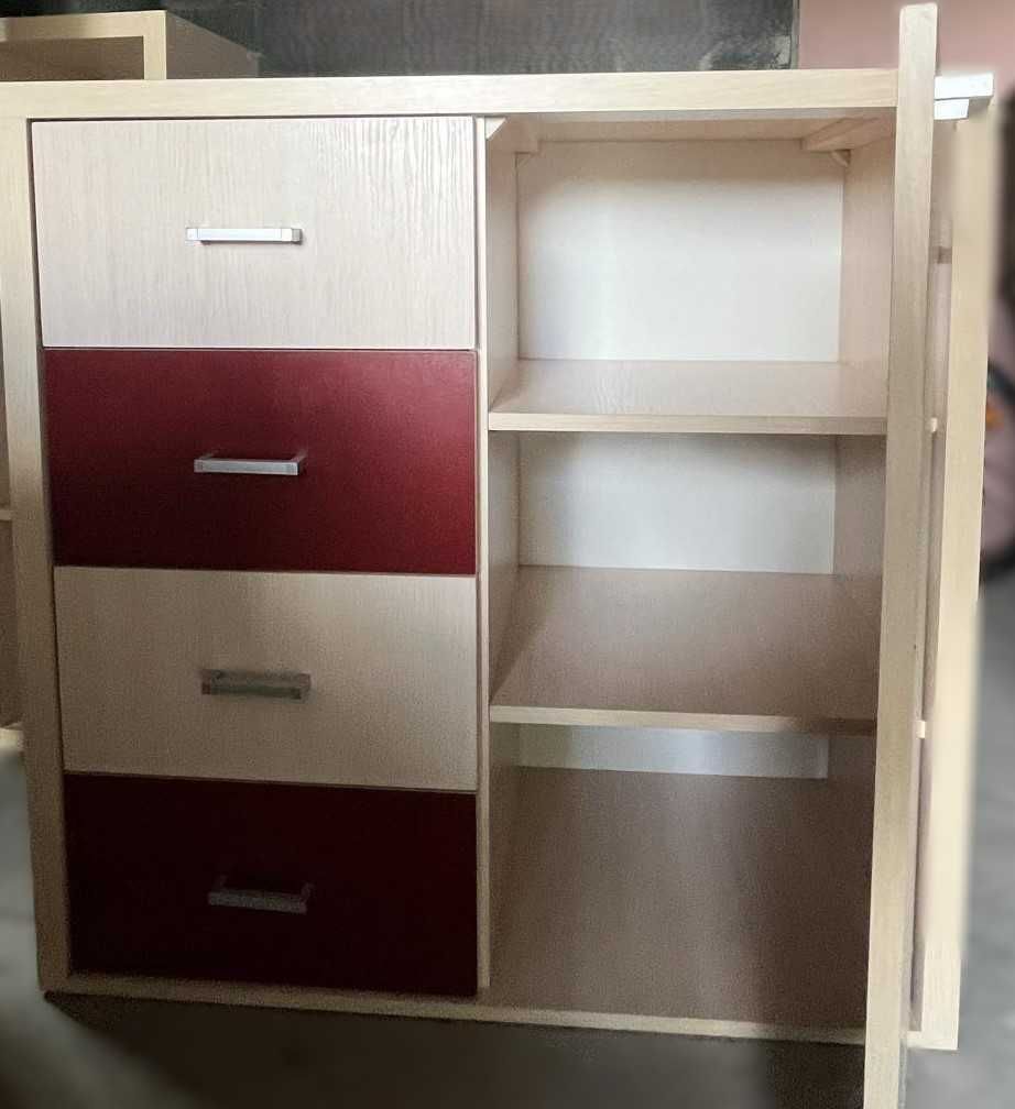 meble (szafa, komoda, łóżko, 2 szafki stojące, szafka wisząca, półka)