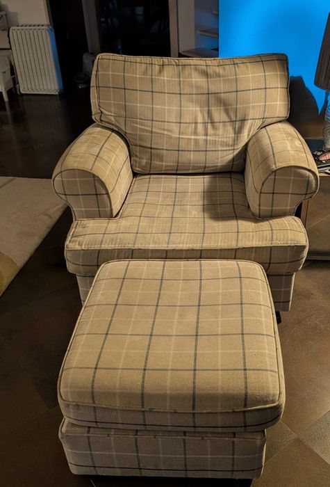 Wool Check Armchair + Ottoman (John Lewis, Reupholstered)