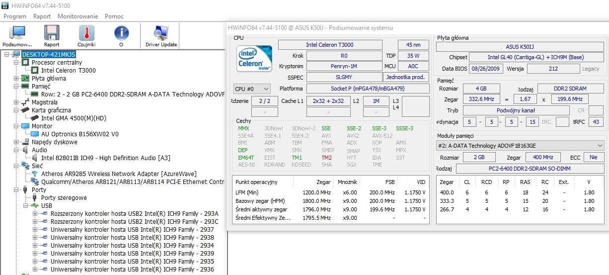 Laptop Asus PRO5DIJ Intel Celeron T3000 4GB