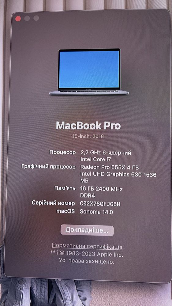 Macbook Pro 2018 i7 2.2 256ssd 16 ОЗУ touch bar на запчастини