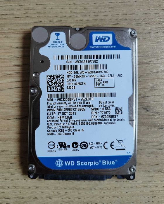 Dysk Twardy HDD 320GB WD Scorpio Blue (WD3200BPVT) 2.5'' SATA