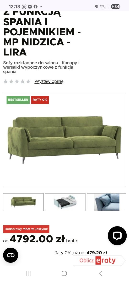 Zielona sofa 3 osobowa rozkładana z pojemnikiem welur MP Nidzica