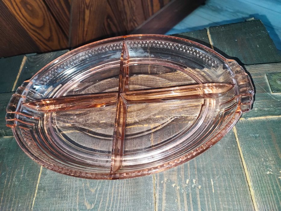 Patera dzielona rozalinowa różowe szkło Art deco