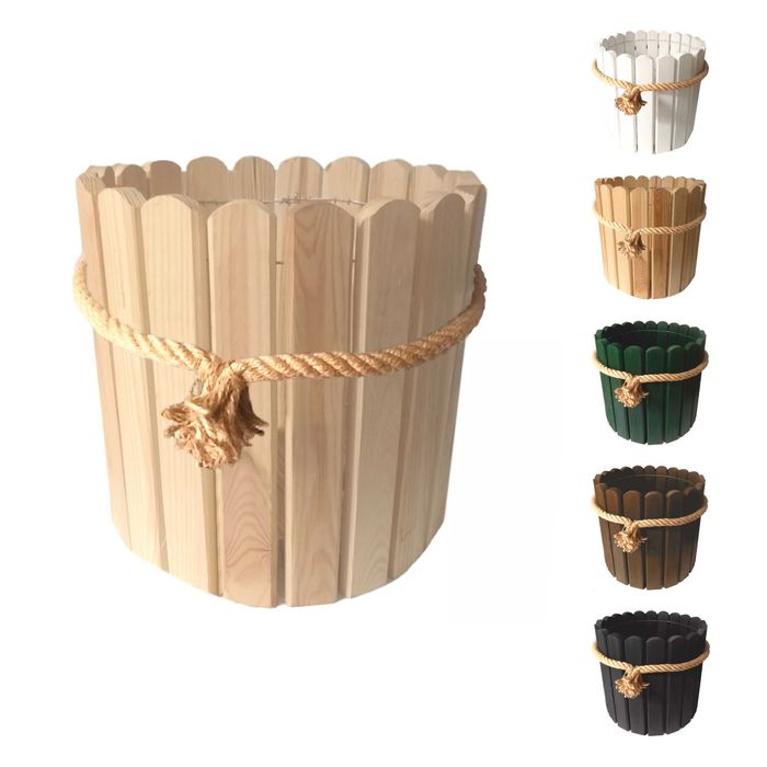 Doniczka drewniana z liną. Osłonka sosnowa. Donica drewniana Floramoca