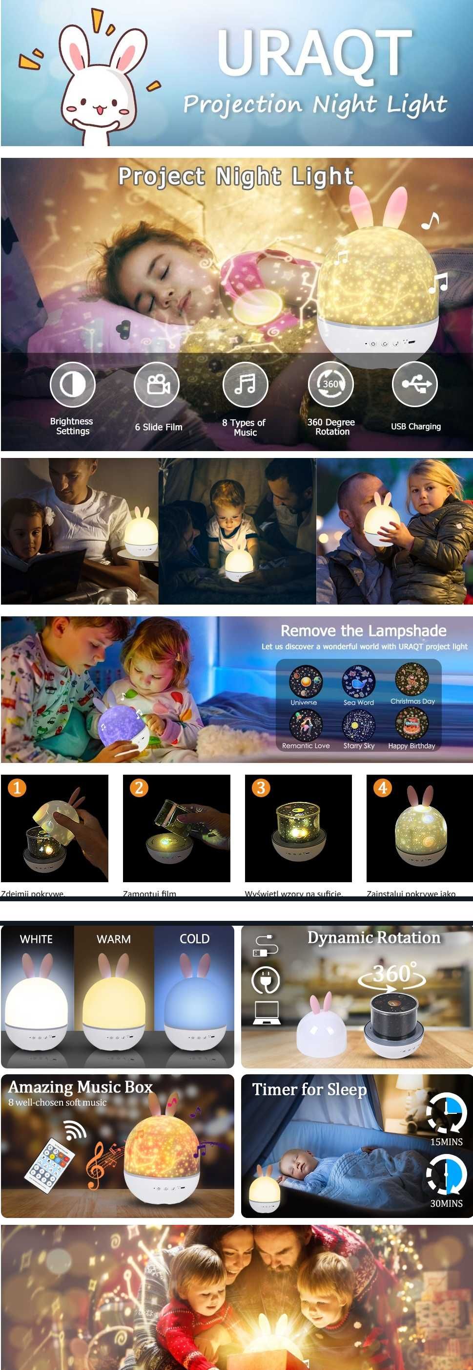 Lampka nocna królik projektor gwiaździstego nieba 360° pilot timer LED