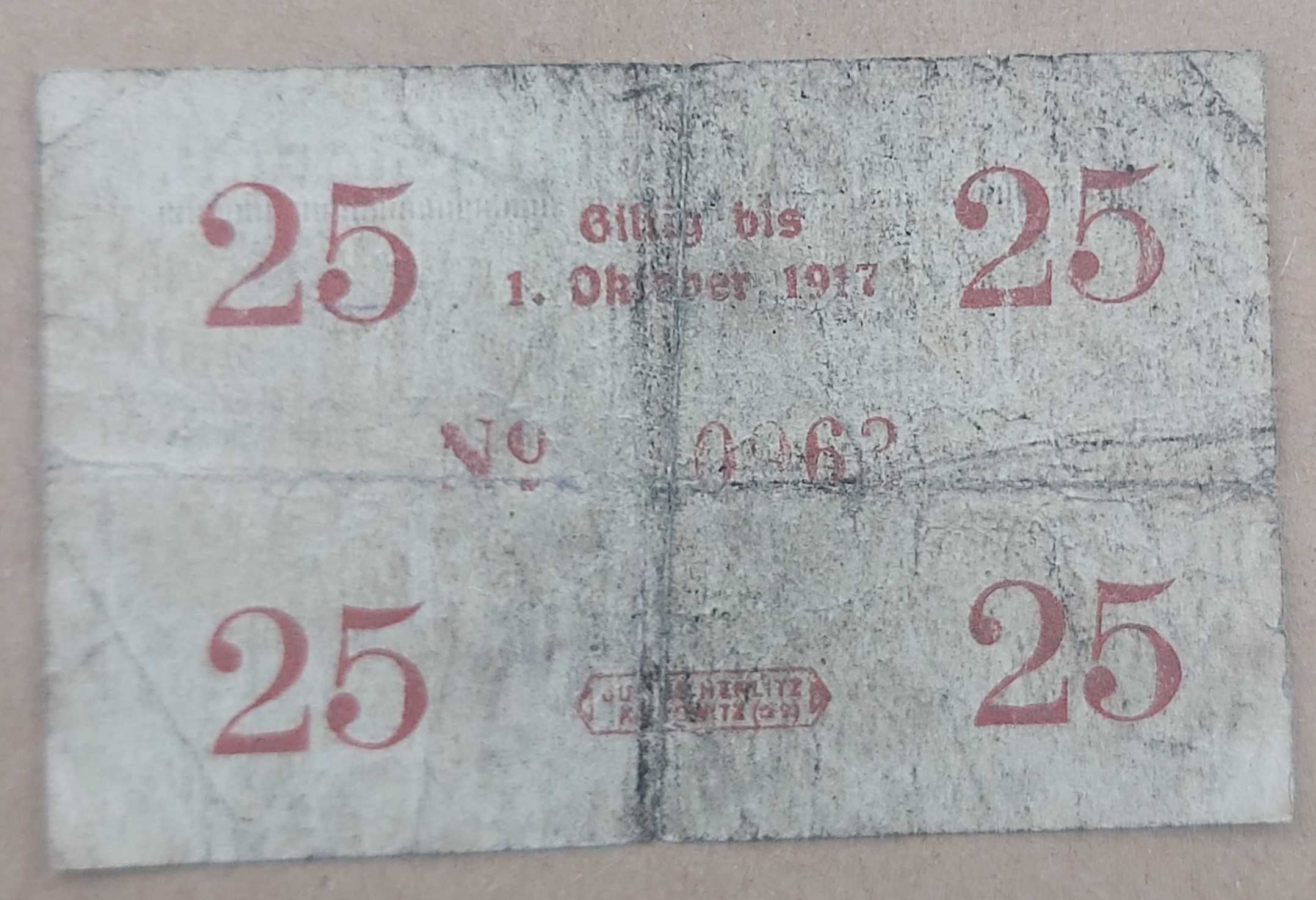 Mysłowice Myslowitz 25 fenigów 1 Maj 1917 RZADKOŚĆ !! !! !! notgeld