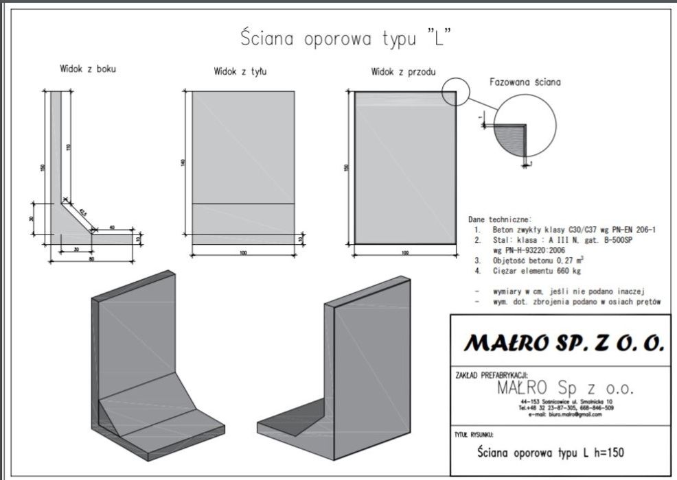 Mur oporowy typu L, mury oporowe elki 150x100 prefabrykat muru