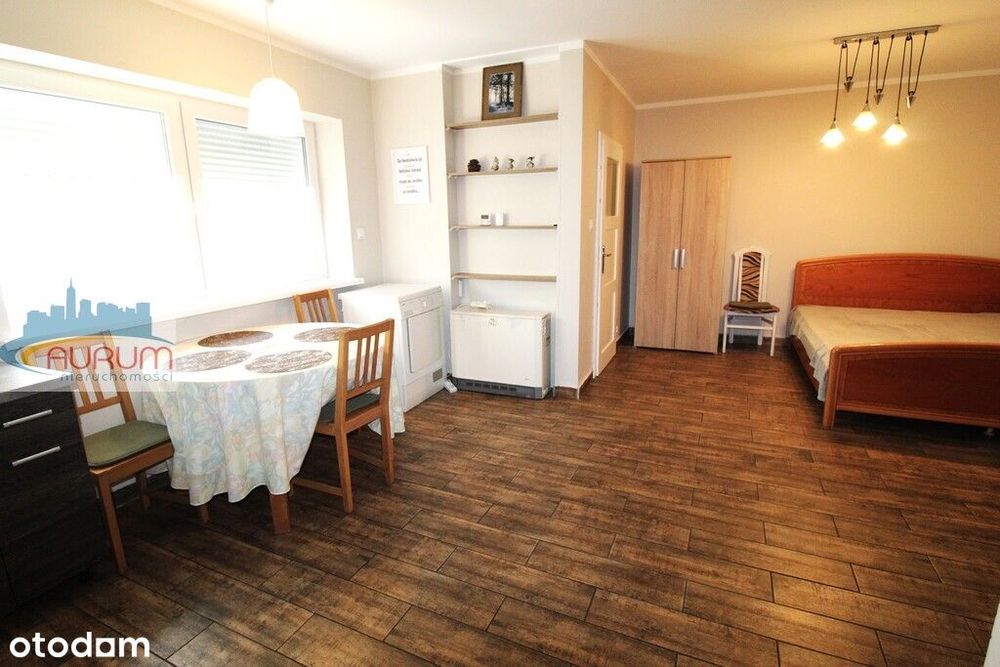 Duża kawalerka z aneksem kuchennym na parterze.