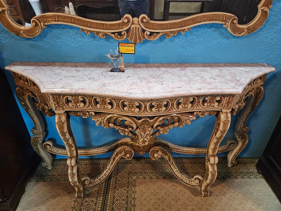 Conjunto de lindíssima consola em madeira com tampo em pedra mai