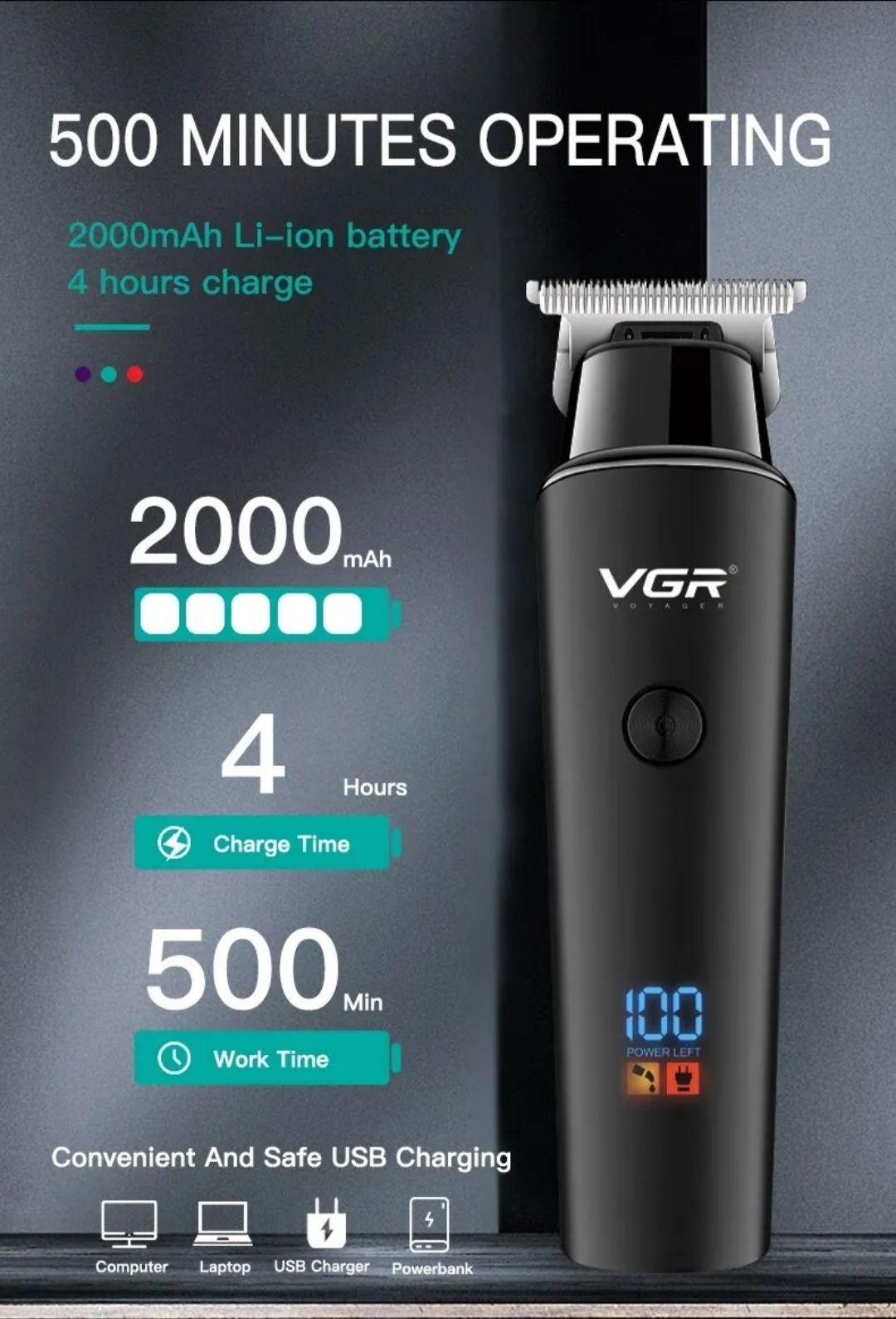 Беспроводная машинка для стрижки VGR, перезаряжаемая, батарея 2000 mah