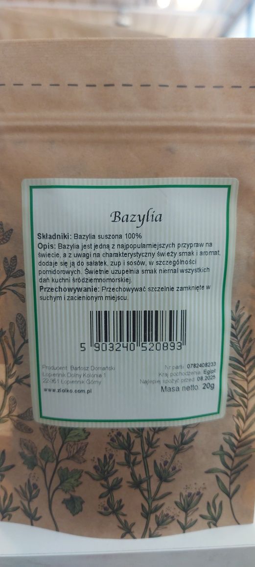 Bazylia bezglutenowa suszona 20g