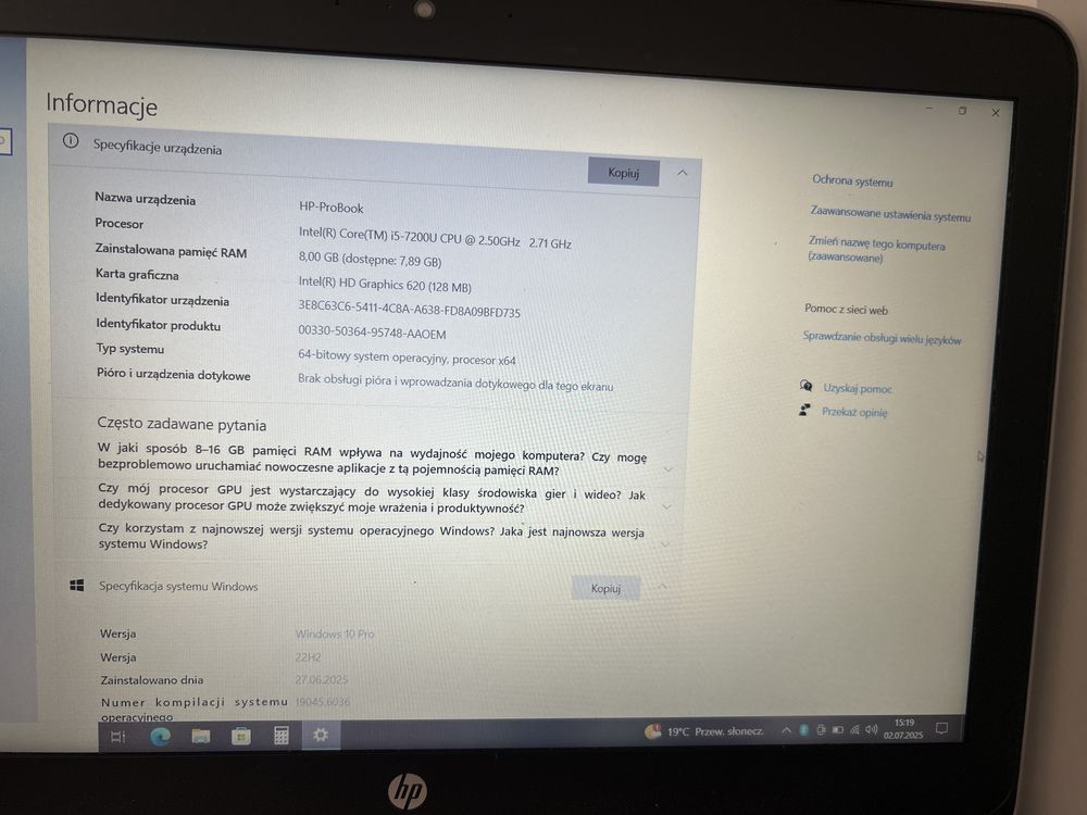 Laptop Poleasingowy HP 450 G4/i5-7200U 2,5GHz/Dyski 378GB/RAM 8GB/15"/